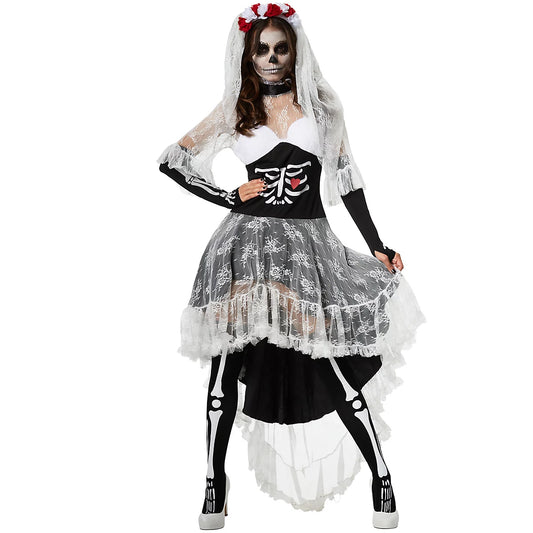 DressForFun Enge Skelet Bruid Kostuum Dames – Voorzien Van Kanten Opstaande Kraag En Gevoerde Cups En Sluiersluier – Voor Halloween En Carnaval – Zwart En Wit Polyester – Maat S