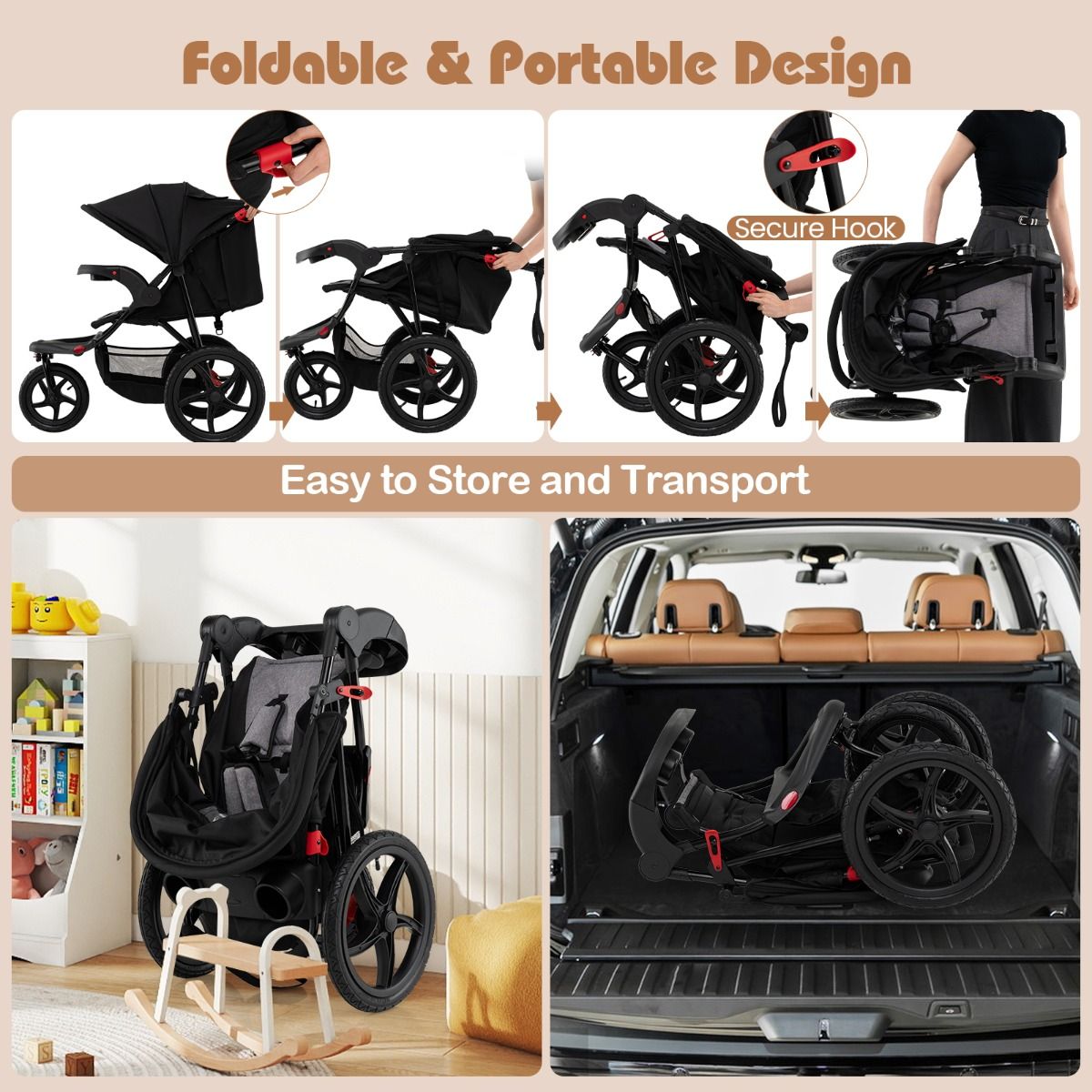 Coast Joggingbuggy - Opvouwbare kinderwagen - Verstelbare zonnekap - Kantelbare zitting - Zwart