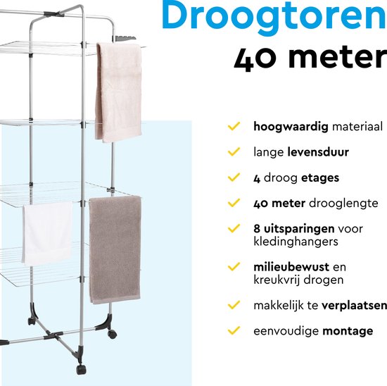 BRASQ Droogtoren 4 Lagen - Drooglengte 40 Meter - Droogrek met Wieltjes en houders - Wasrek - Wastoren 68x68x169 cm - Wit