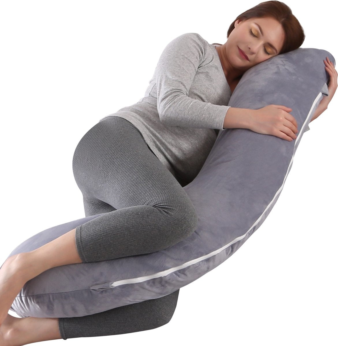 Litollo® Zwangerschapskussen (J-vorm) - Zijslaapkussen - Voedingskussen - Lichaamskussen - Body pillow - 145cm - Zachte fleece stof - Afneembare hoes - Grijs