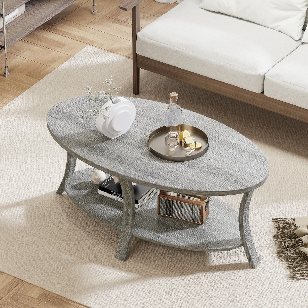 Coast Ovale Salontafel - 2-laags met opbergruimte - rubberhout - grijs - 111 x 60,5 x 47 cm