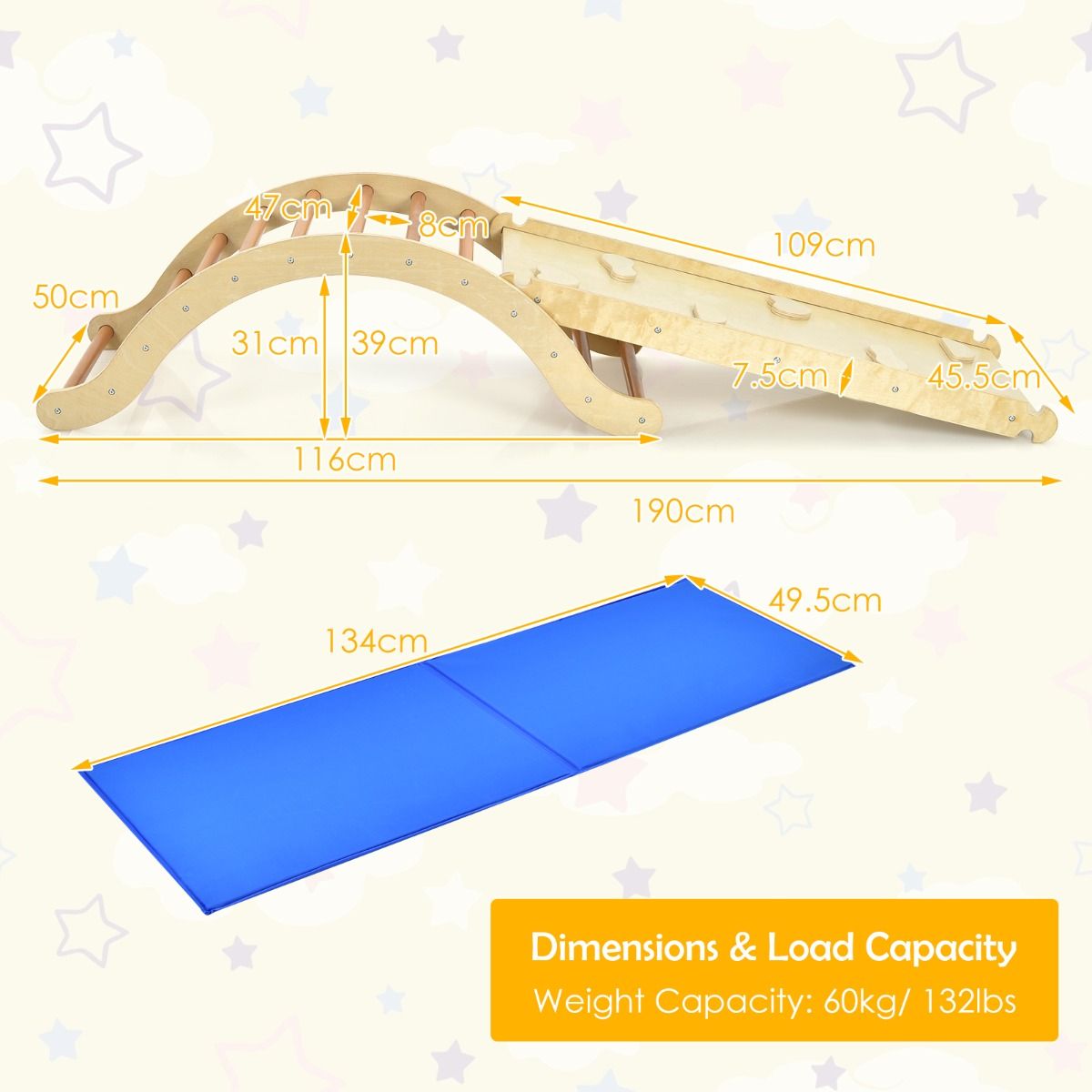 Coast 3-in-1 Klimladder Set voor Kinderen - Boog met Klimhelling en Schommelstoel - naturel + blauw