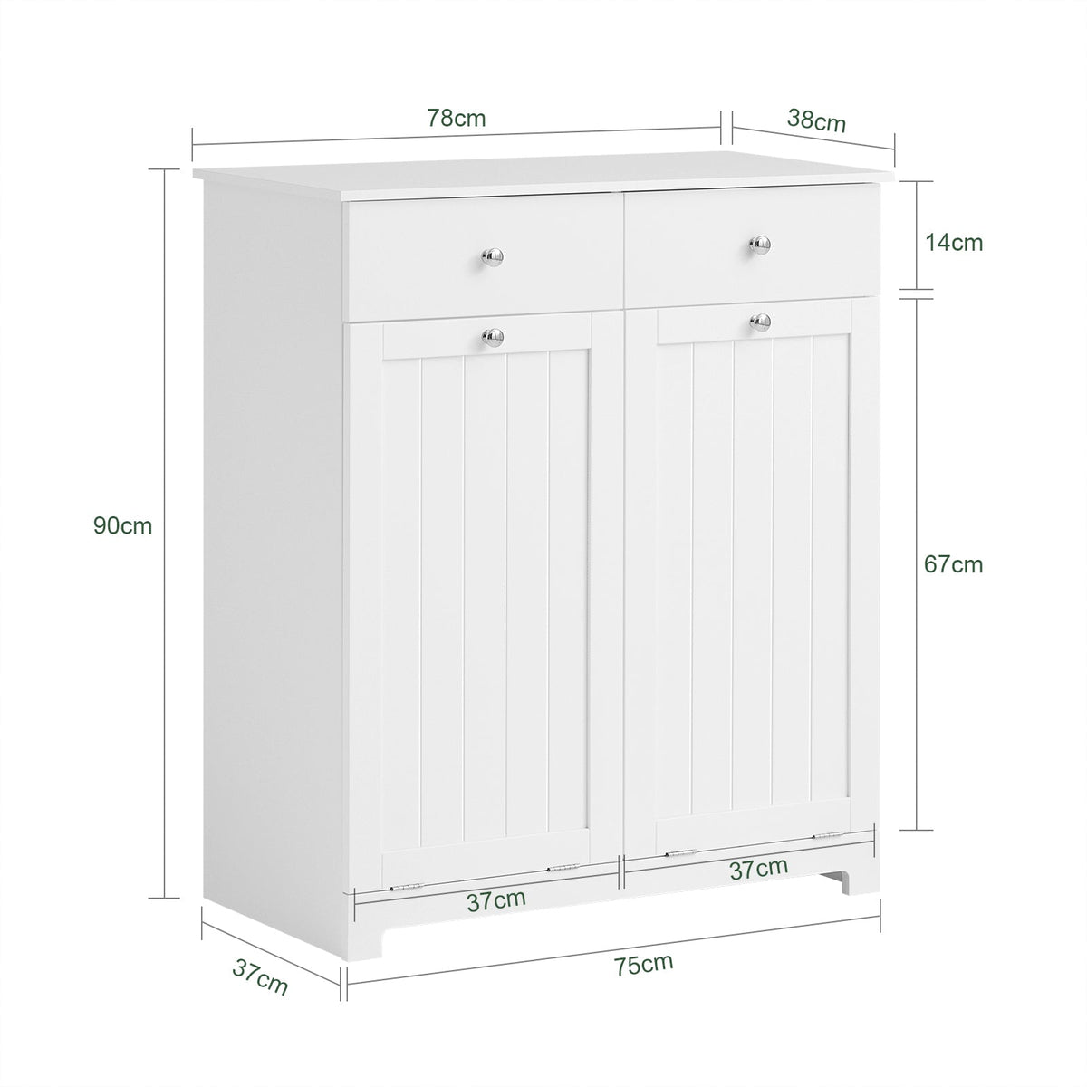 SoBuy BZR33-II-W Badkamerkast Met 2 Lades - 2 Verwijderbare Wasmanden – Modern Design – Wit – 78x38x90 cm