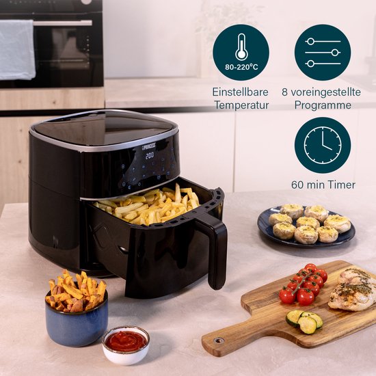 Princess Digitale Airfryer 182238 - 4 liter - PFAS vrij - Groot - Heteluchtfriteuse - Zwart - Digital Touchscreen - 8 Automatische Programma's - Inclusief in hoogte verstelbaar Grillrack