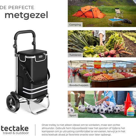 tectake® 3-in-1 Boodschappentrolley met Koelvak - Opvouwbaar - 56L Inhoud - Boodschappenwagen - Boodschappenkar - Ook als Steekwagen en Boodschappentas - Met Sleutelhanger en Winkelwagenmunt - Zwart