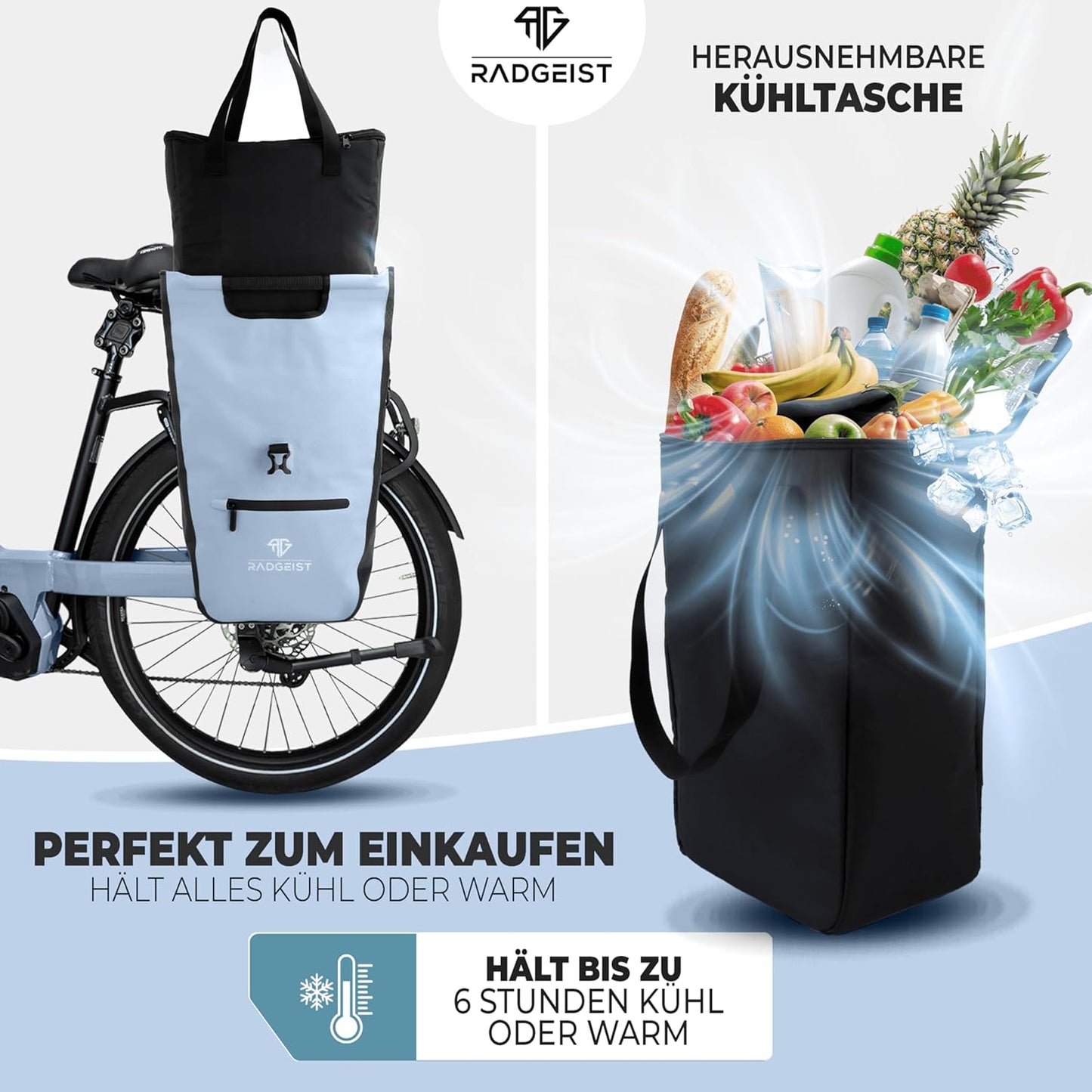 RADGEIST fietstas voor bagagedrager I fietstas shopper met uitneembare koeltas I boodschappentas & boodschappendraagtas 22-28 liter - blauw
