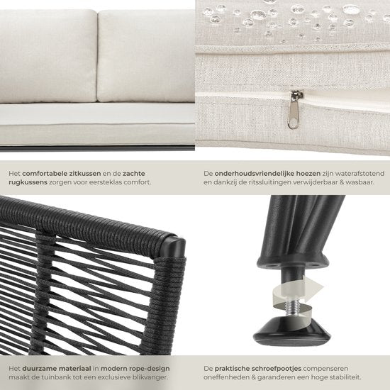 tectake® Wicker loungebank - Compacte tuinbank met dikke kussens - Ideaal voor balkon, tuin of terras - Stijlvolle en comfortabele loungebank voor buiten - Rope-design