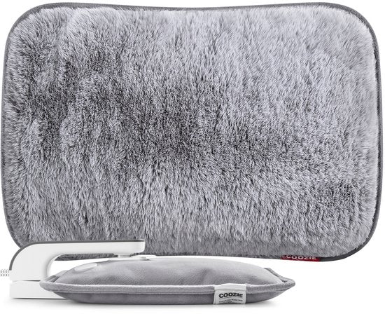 Coozie Elektrische Kruik – 1L – met ThermoSoft Hoes van Fluffy Stof – Verwarmende Zachte Warmwaterkruik – Warmtekruik – Grijs
