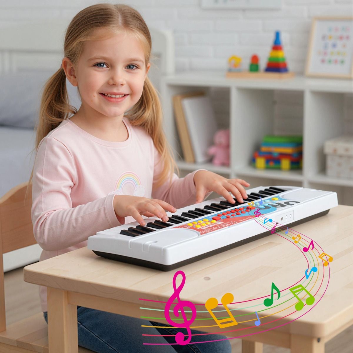 Coast Kinderkeyboard - 49 toetsen - draagbaar elektrisch keyboard - 8 ritmes - wit