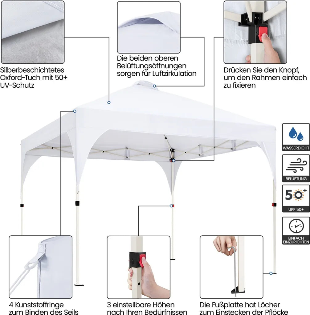 Yaheetech Opvouwbare Partytent 3 x 3 m - Wit - Verstelbaar Pop-up Paviljoen met Draagtas