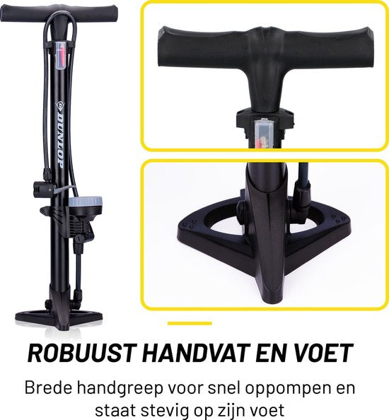 Dunlop Fietspomp met Drukmeter en Ventiel Adapter Set - Vloerpomp 180 PSI - Geschikt voor Presta Dunlop Schrader - Verloopnippels voor Fiets Auto Bal - Inclusief Opbergdoos