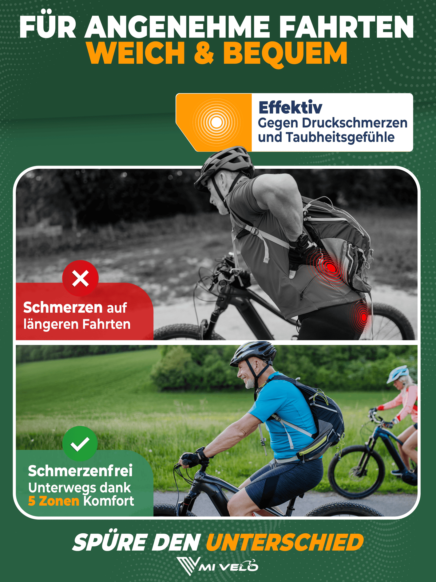MIVELO - Comfort Pro Fietszadel - Traagschuim, Ergonomisch & 100% Waterdicht - Memory Foam - Zwart