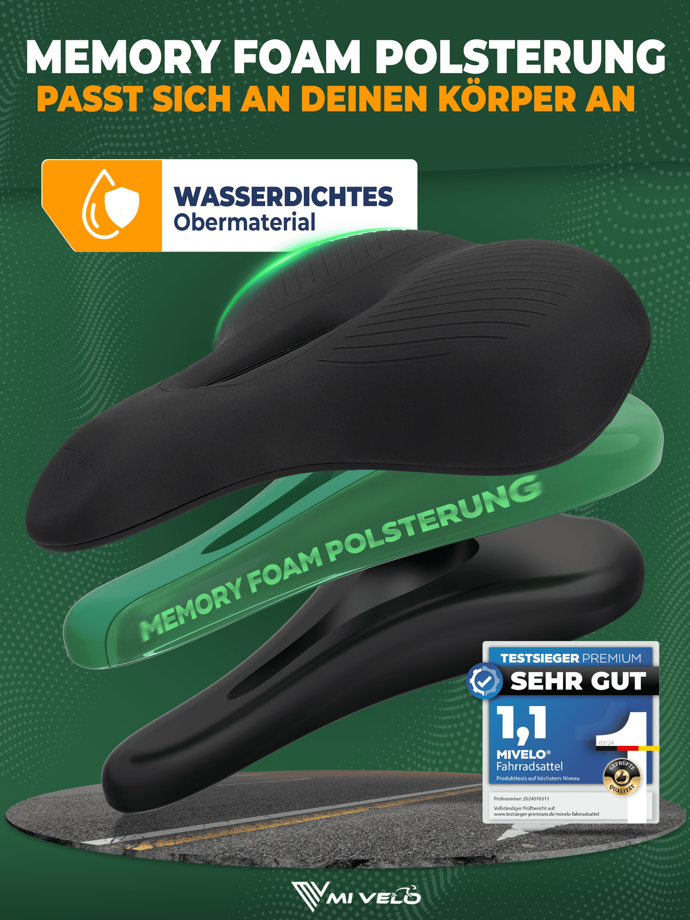 MIVELO - Comfort Pro Fietszadel - Traagschuim, Ergonomisch & 100% Waterdicht - Memory Foam - Zwart