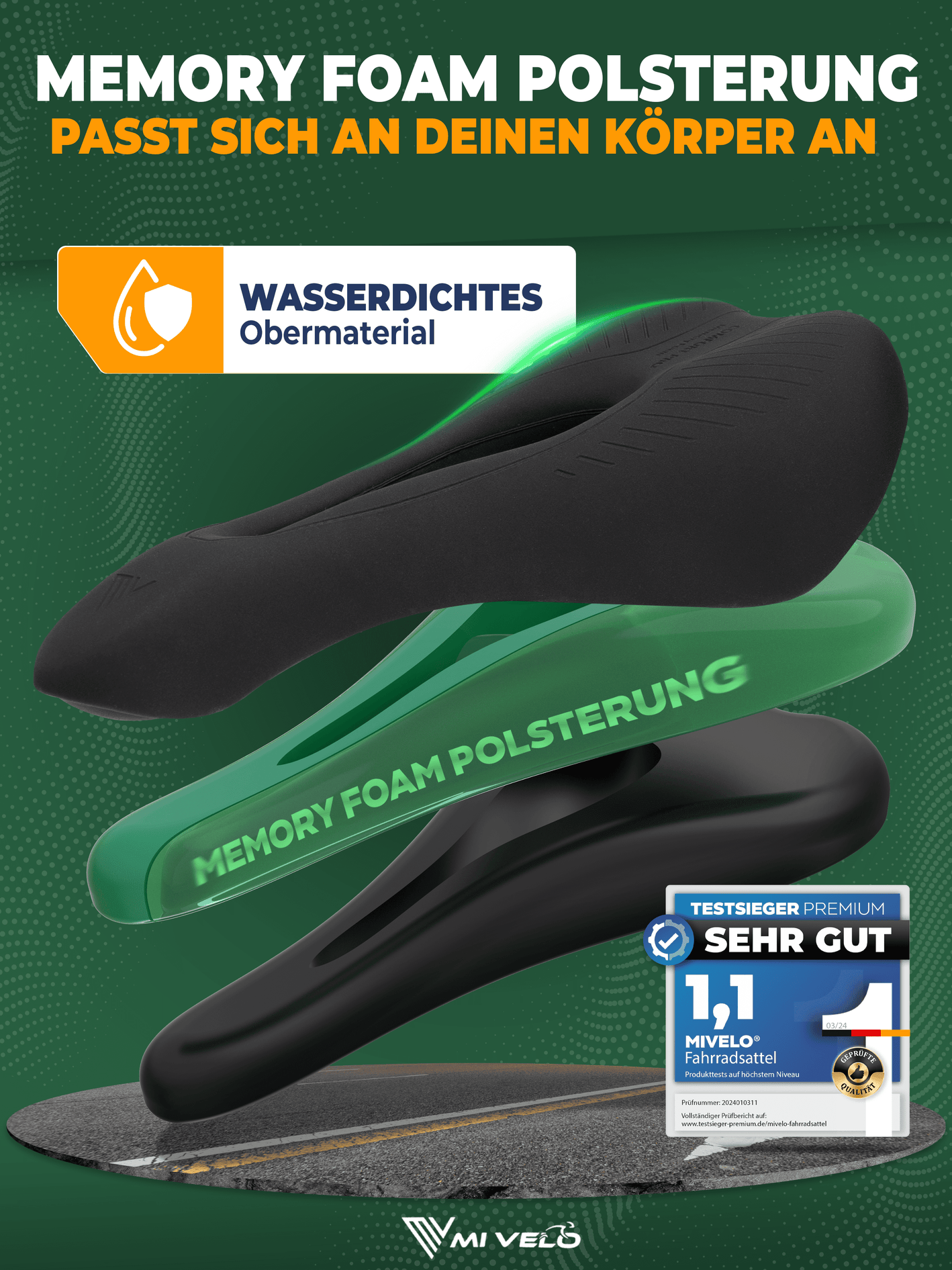 MIVELO Comfort Pro MTB Fietszadel – Ergonomisch – Memory Foam – Waterdicht – 28 x 14 cm – Zwart