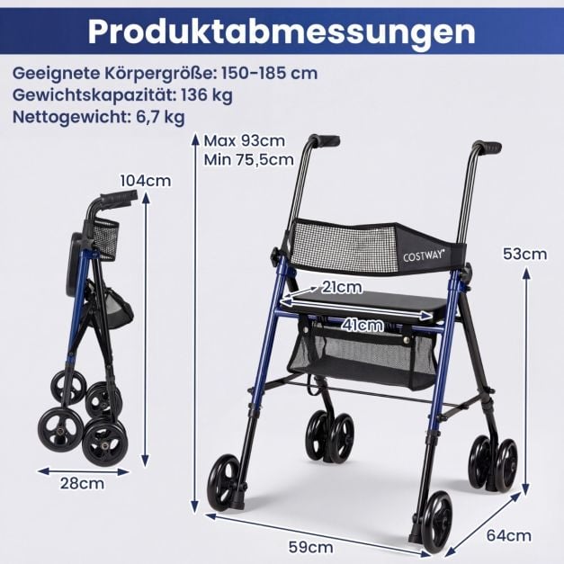 Coast Rollator Blauw/Zwart – Opvouwbare Rollator met Zitje, Tas en Verstelbare Hoogte – 59 x 64 x 75,5-93 cm