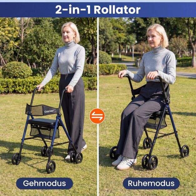 Coast Rollator Blauw/Zwart – Opvouwbare Rollator met Zitje, Tas en Verstelbare Hoogte – 59 x 64 x 75,5-93 cm