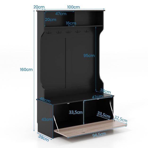 pstok met Zitbank – 5 Dubbele Haken – Met Open Vakken & Schoenenkast – Zwart – 100 x 40 x 160 cm