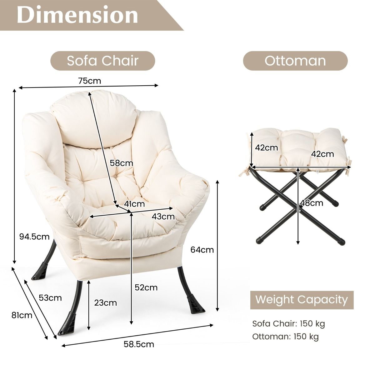 Coast Fauteuil met Voetenkruk - 150 kg Draagvermogen - 75 x 81 x 94.5 cm - Beige