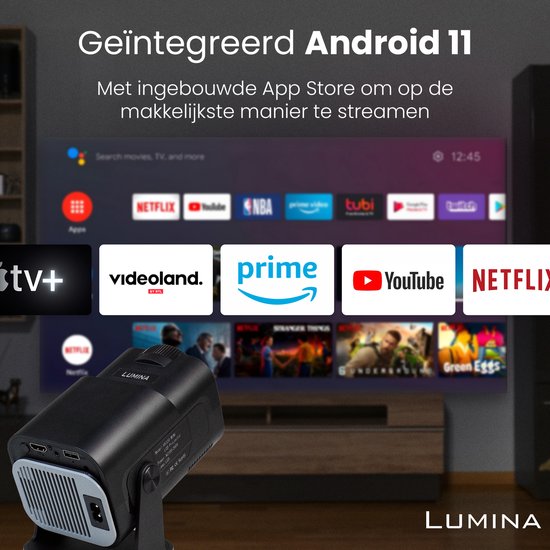 Lumina® Pro Mini Beamer 2025 – 4K Draagbare Smart Projector met WiFi 6 & Bluetooth 5.2 – Compatibel met iOS & Android – Ideaal voor Thuisbioscoop – Zwart
