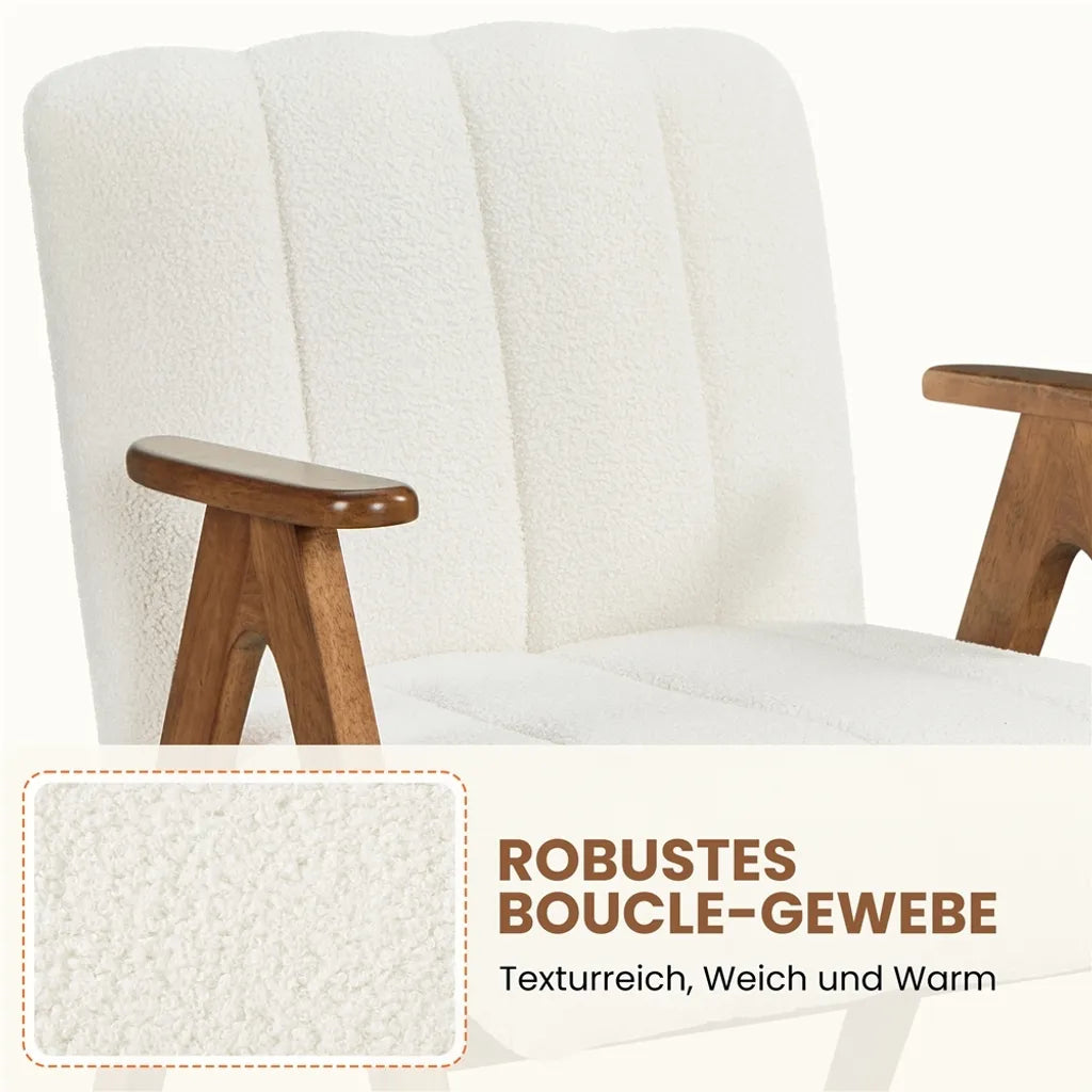 Yaheetech Fauteuil Wit – Bouclé Loungestoel met Armleuningen en Houten Poten – 60,5 x 68,5 x 73 cm