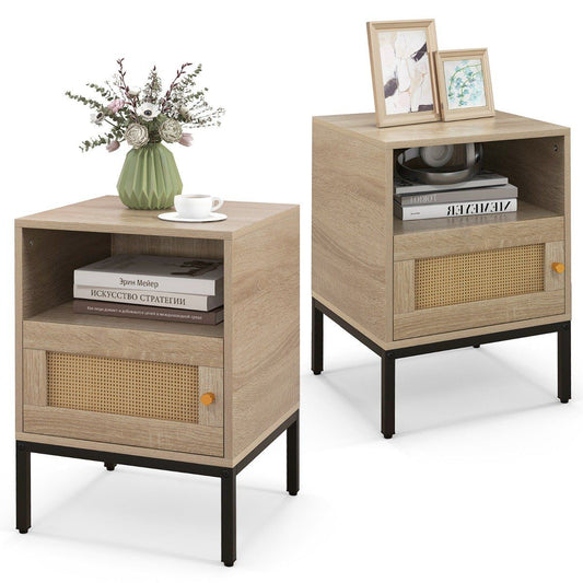 Coast 2-delige set rattan nachtkastjes - open rek en kast - natuurlijk hout - 40 x 40 x 57 cm
