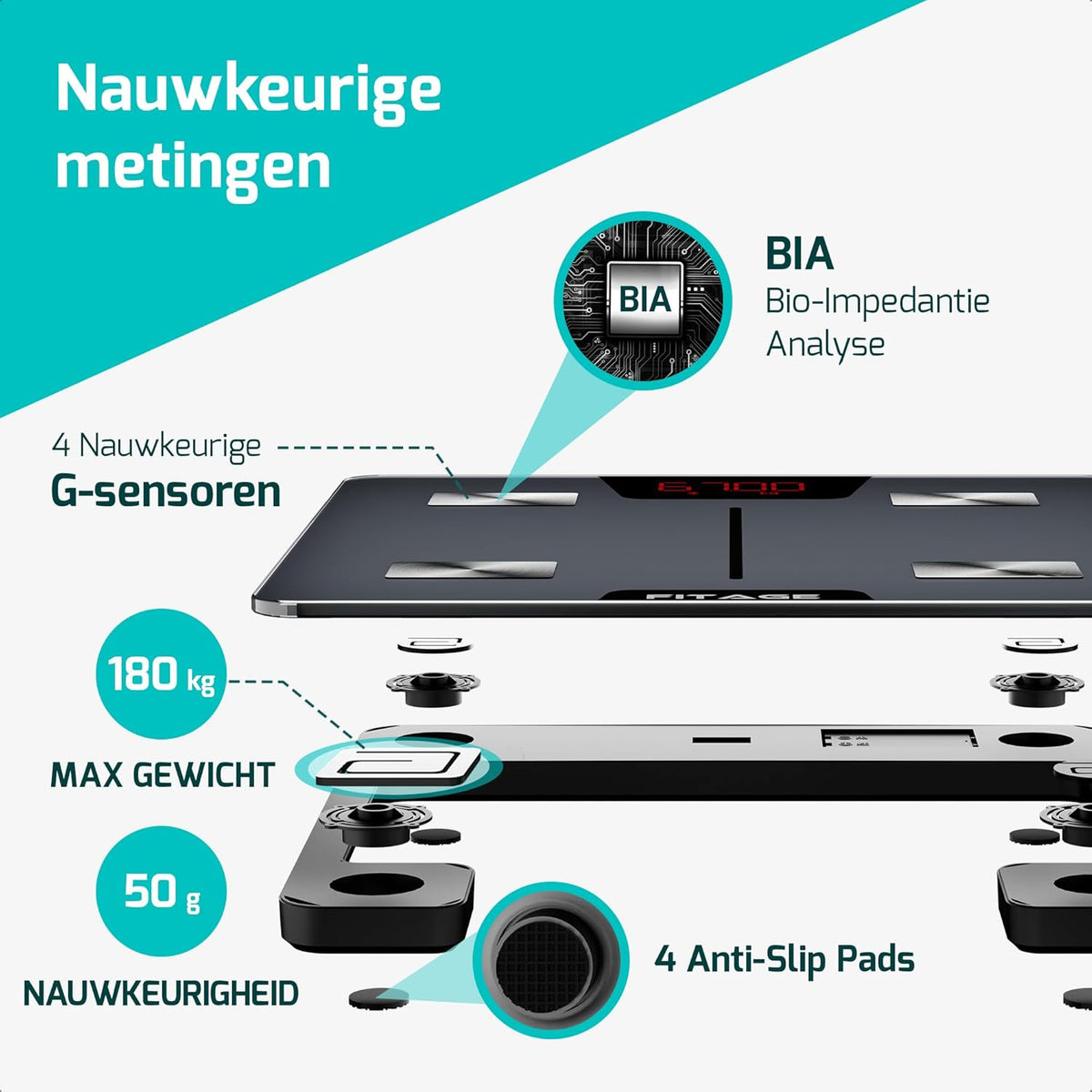 Fitage Digitale Personenweegschaal Slimme Lichaamsanalyse – 17 Metingen – App Koppeling – 180 kg – 28 x 28 cm – Zwart