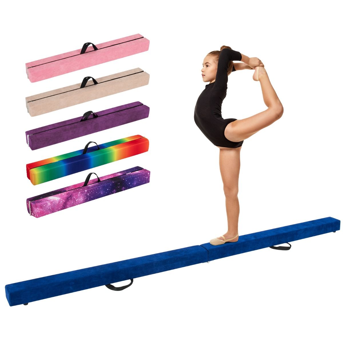 Coast Opvouwbare Evenwichtsbalk - Schuimrubberen Gymnastiekbalk - Houten Basis - 270 x 10 x 7,5 cm - Paars/Roze/Blauw/Aardgeel/Regenboog