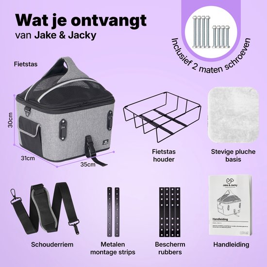 Jake en Jacky Hondenfietsmand - Fietsmand Hond Achterop - Hondenmand Fiets - Autostoel Hond - Kleine Hond max 12 kg - 35x30x31 cm