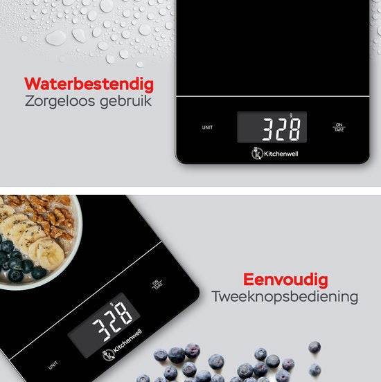 Kitchenwell Digitale Precisie Keukenweegschaal – Weegschaal Keuken - 1gr - 15kg – Tarra Functie - Zwart