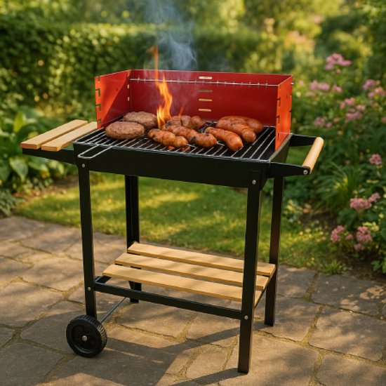 BBQ Collection Barbecue Houtskool - Houtskoolbarbecue met Wielen - Barbeque Verstelbaar Rooster en Windscherm - Barbecue met Zijtafel - Zwart