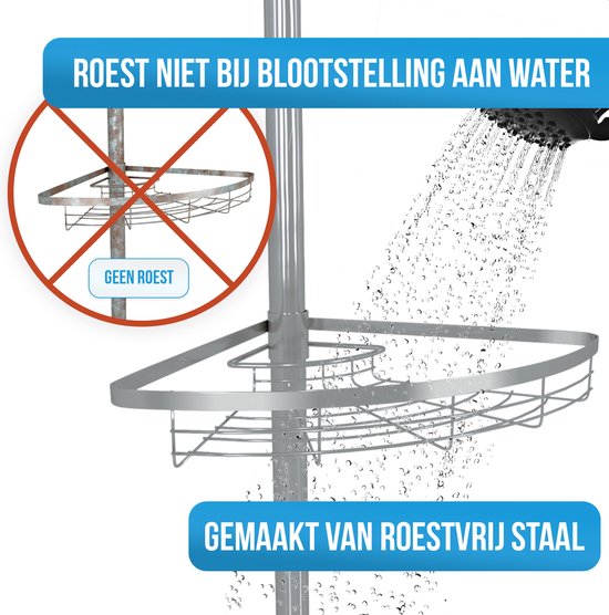 Strex Telescopisch Doucherek RVS - Verstelbaar 70-275 cm - 4 Mandjes - Robuuste Kwaliteit - Bevestigen zonder Boren of Schroeven - Telescopisch Douche Rek Hoek
