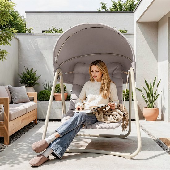 SoBuy OGS62-MI Schommelstoel met verstelbare parasol - Voor Binnen en Buiten - hangmat en Tuinstoel voor buiten - beige, 108 x 126 x 163 cm