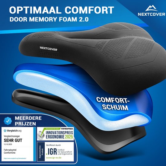 NEXTCOVER® Fietszadel City met Memory Foam 3.0 - Het origineel - ergonomisch Fietszadel Dames of Fietszadel Heren met Memory Foam 3.0 voor Maximaal Rijcomfort - Fiets Zadel Comfortabel zacht
