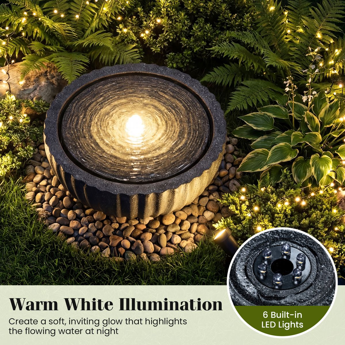 Coast Ronde Tuinfontein - met LED-verlichting - steenlook - 45 x 45 x 23,5 cm - zwart