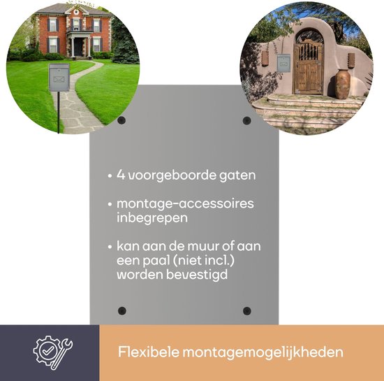 Perel Brievenbus met naamplaatje, Milan wandbrievenbus, wandmontage, met slot, deksel, afsluitbaar, incl. 2 sleutels, voorkant in matglas, 36 x 26 x 8 cm, zilvergrijs