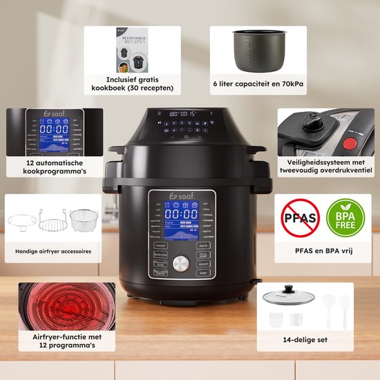 Multicooker met Airfryer - 15-Delige Set - 6L - 24 Automatische Programma's - Slowcooker, Rijstkoker, Stomer, Snelkookpan - Grijs - van Saaf
