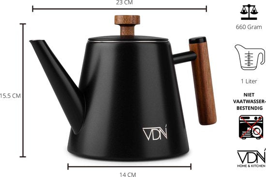 VDN RVS Theepot Dubbelwandig met Filter - Zwarte Theekan 1 Liter - 904