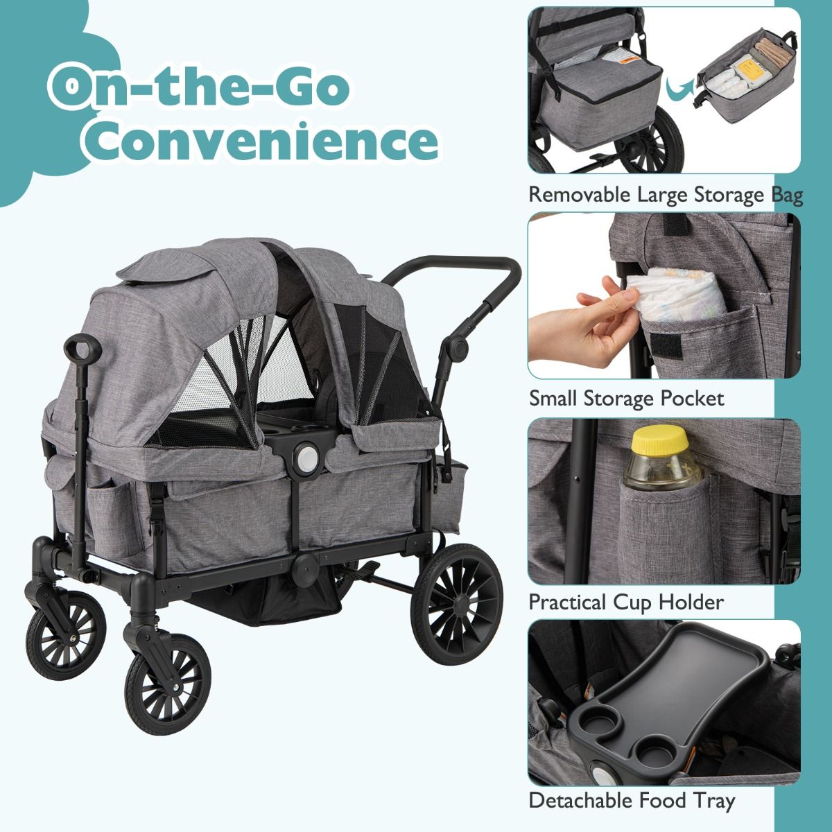 Coast 2-in-1 Opvouwbare Geschwisterwagen - Grijs - 104 x 57 x 107 cm – Verstelbare Handgreep & Afneembare Kap