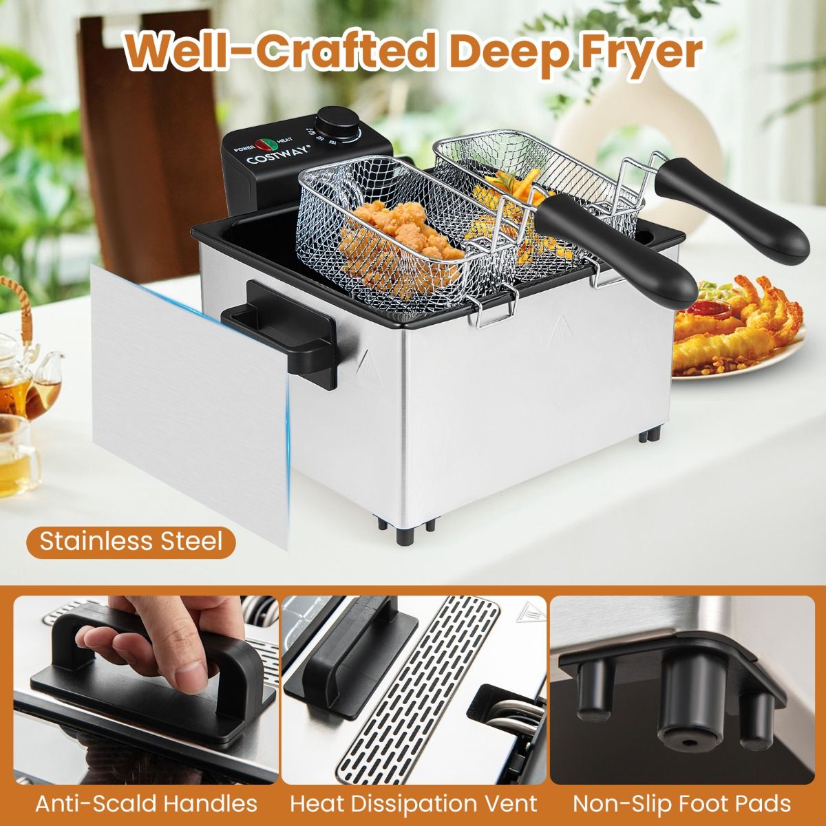 Coast Elektrische Friteuse - 5 liter - 3 frituurmanden - instelbare temperatuur - zilver en zwart