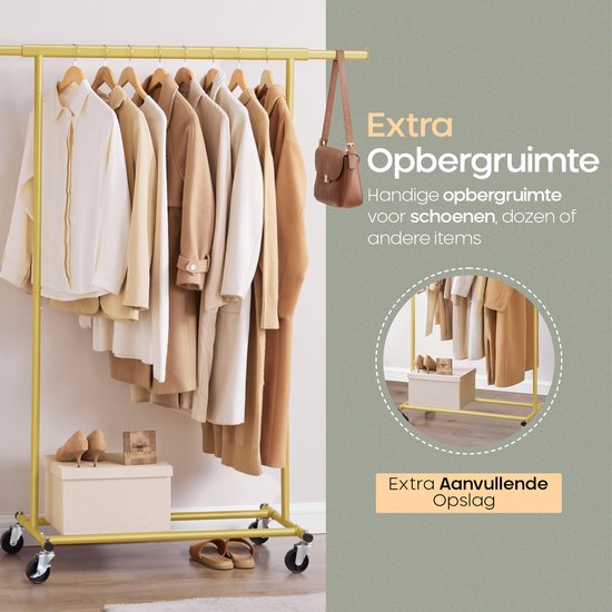 O'DADDY Kledingrek – Verstelbaar, 90 kg draagvermogen, met wielen – 132 x 49 x 160 cm – Goud