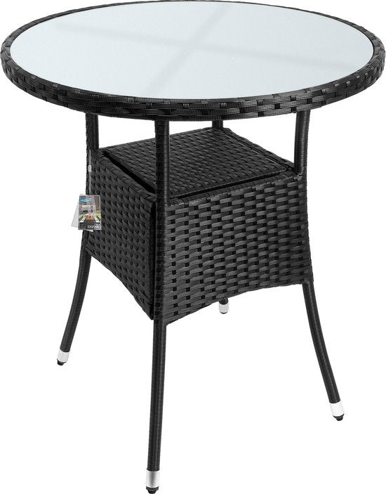 Casaria Polyrattan Bijzettafel 60cm Rond - 5mm Veiligheidsglas \\u2013 Zwart