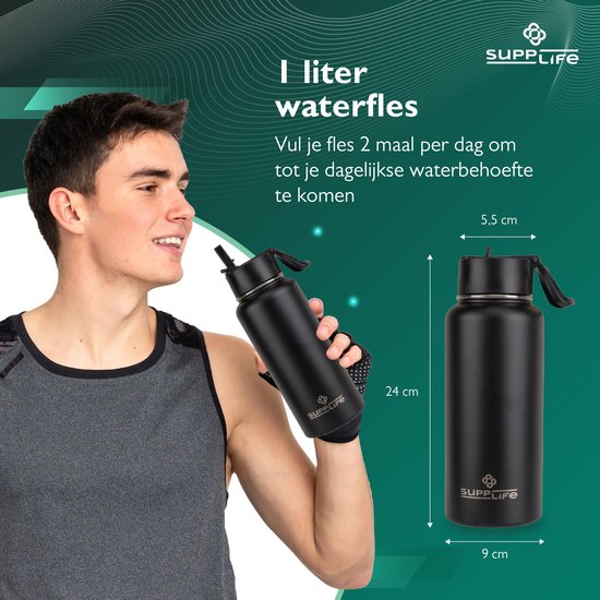 Supplife Luxe RVS Thermosfles / Drinkfles - 1 Liter - BPA & Lek Vrij - Waterfles met Rietje - Dubbelwandige Isolatie - Thermosbeker - Schenkdop en Dop met Rietje - Inclusief Schoonmaakborsteltje - Zwart