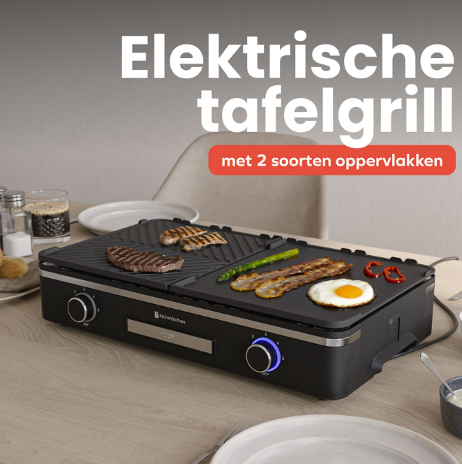 KitchenBrothers Elektrische Grillplaat KB4204 - 2400W - 2 Zones - Geribbeld & Vlak - Zwart - 50x30 cm