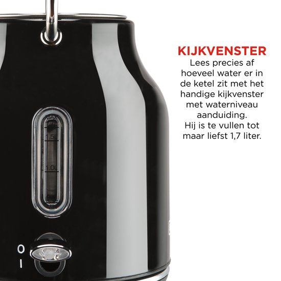 Retro Waterkoker - 1.7L - RVS - BPA vrij - 2200W - 23x18x29.50 cm - Zwart