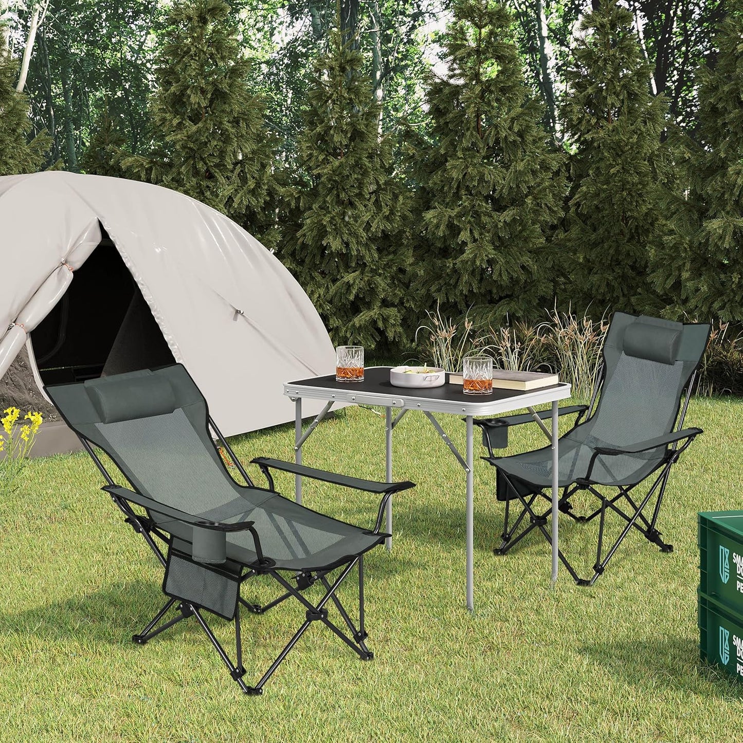 Woltu Campingstoel Verstelbare Rugleuning met Voetensteun - Grijs - 84 x 101 x 71 cm - Opvouwbaar - Bekerhouder & Draagtas