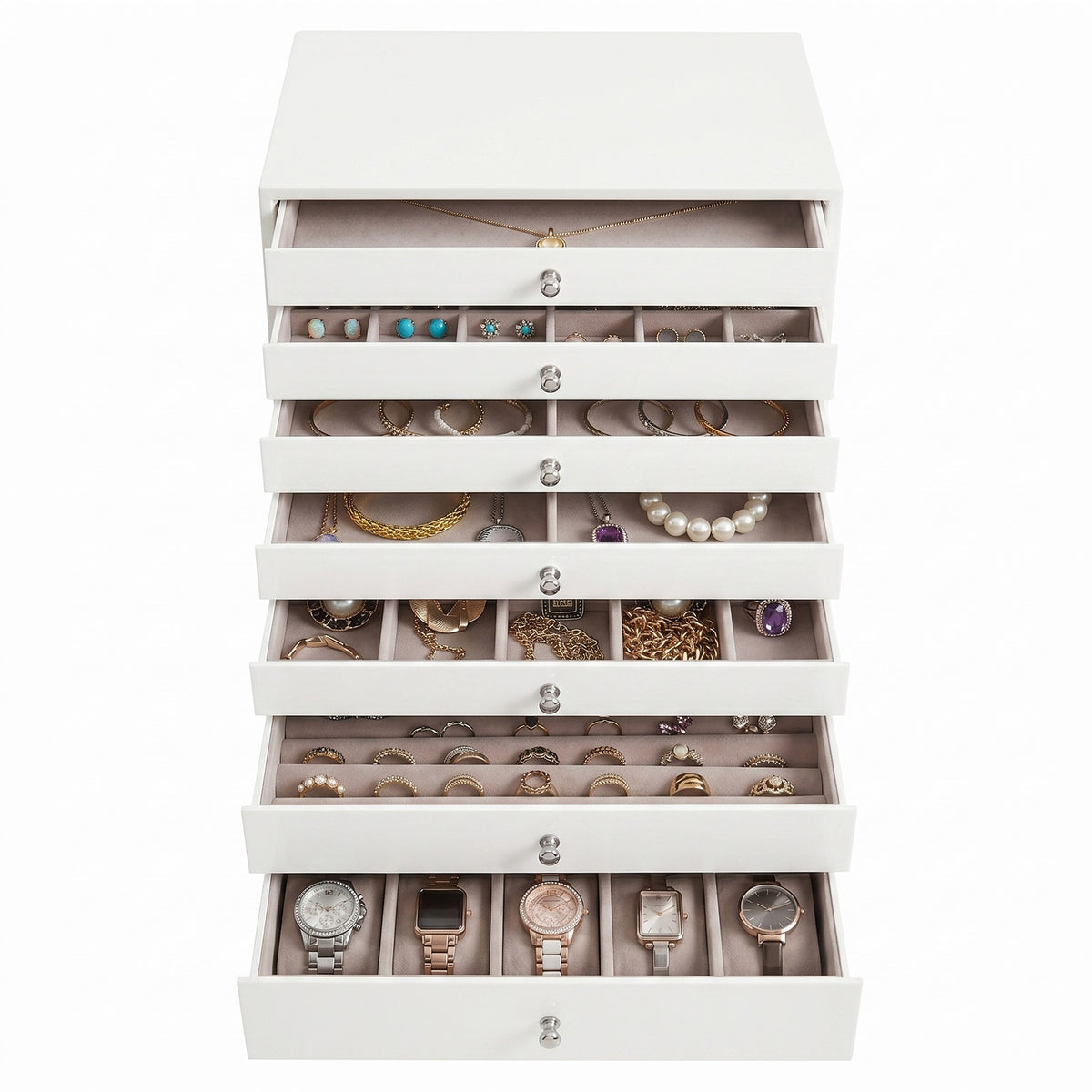JOYFURNOS Sieradendienblad met Lades, 8-Laags Opbergdoos, Grote Capaciteit, Moderne Cadeau-idee, voor Slaapkamer, Wit