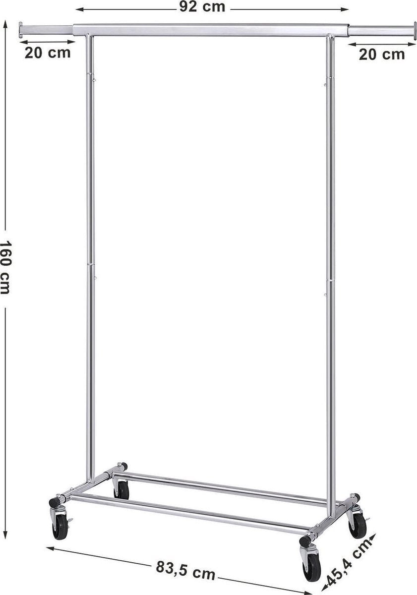 O'DADDY® Kledingrek op Wieltjes - Garderoberek - Verstelbare kledingstang - Uitschuifbare Kledingstang 92-132 cm - 90 kg Belastbaar - Metaal - Zilver
