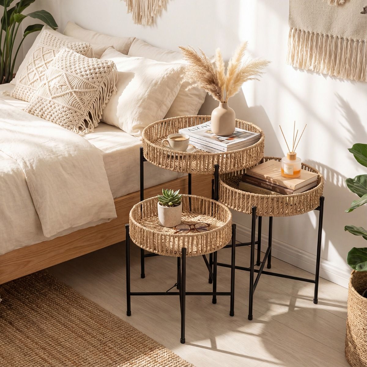 Coast Bijzettafelset rond - handgevlochten boho vlechtwerk - metalen poten - naturel - set van 3