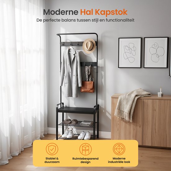 Goliving Kapstok – Garderoberek – Halmeubel – Schoenenrek – Schoenenkast – Industriële kast – Metaal/Hout – 72 x 34 x 183 cm – Zwart