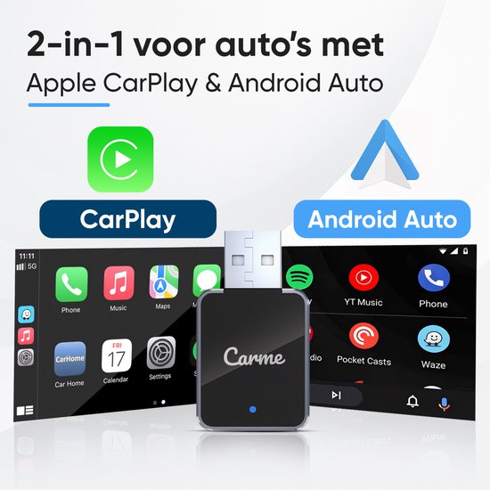 CarMe Mini 2-in-1 CarPlay Dongle V2 - Draadloos CarPlay & Android Auto - USB-A & USB-C - Android Auto Dongle - Zwart
